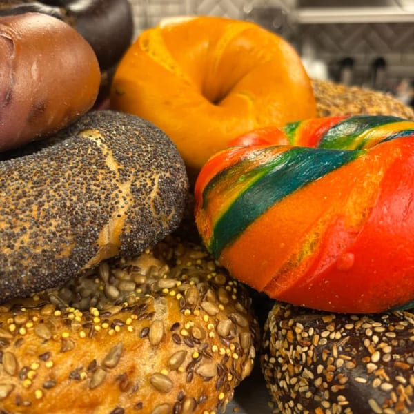 Assortment of Go Bagels, including poppy seed, sesame, plain, and a vibrant rainbow bagel.