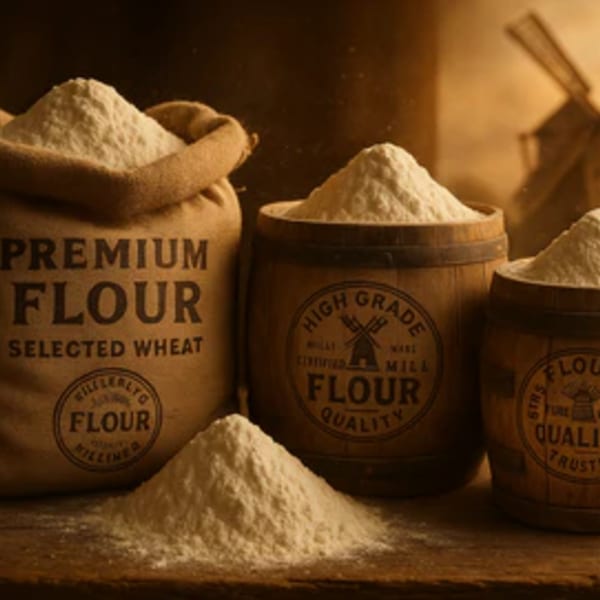Sack of "Premium Flour" and two wooden barrels overflowing with white flour, ready for bagel making.