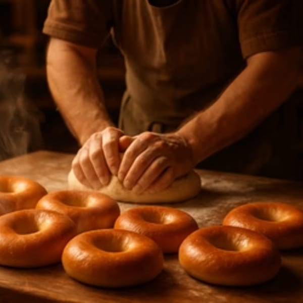 Hands kneading dough on a wooden surface, surrounded by several freshly baked bagels.
