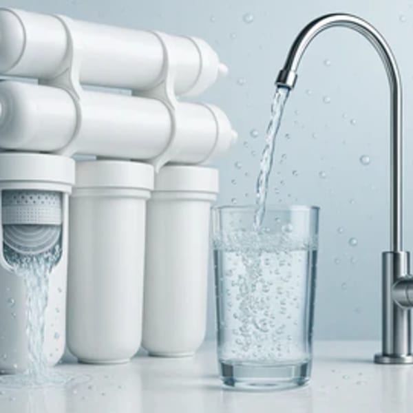 Water purification system with a faucet filling a glass of water, emphasizing Go Bagels' water quality.