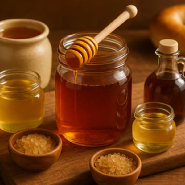 Various jars of honey, syrup, and sugar crystals on a wooden board, with a bagel in the background.