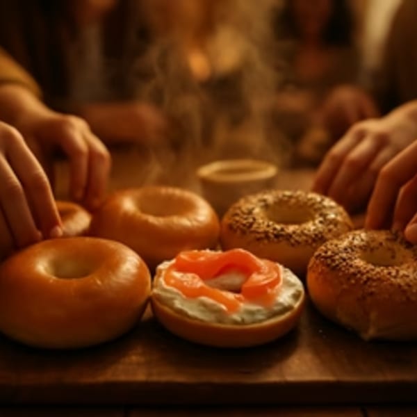 Hands reaching for various Go Bagels, including one with cream cheese and salmon, on a wooden board.