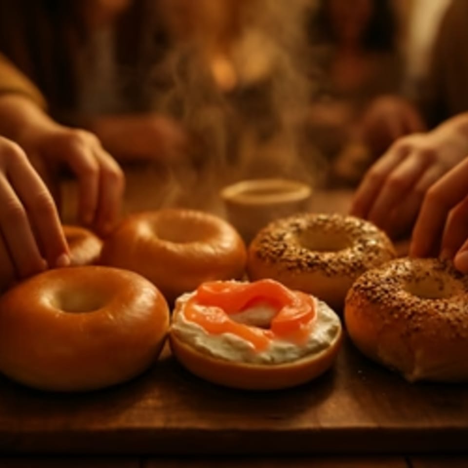 Hands reaching for various Go Bagels, including one with cream cheese and salmon, on a wooden board.