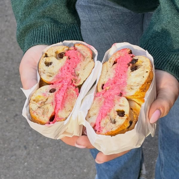Hands holding a Go Bagels cinnamon raisin bagel, sliced open with bright pink cream cheese.