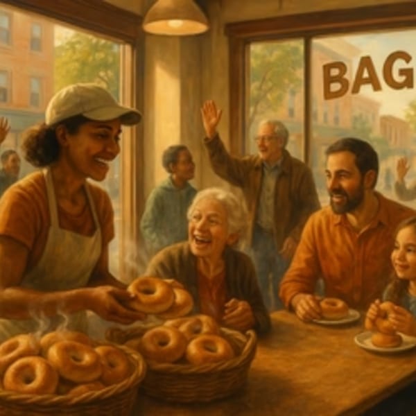 A smiling Go Bagels employee serves fresh bagels to happy customers in a bustling shop.