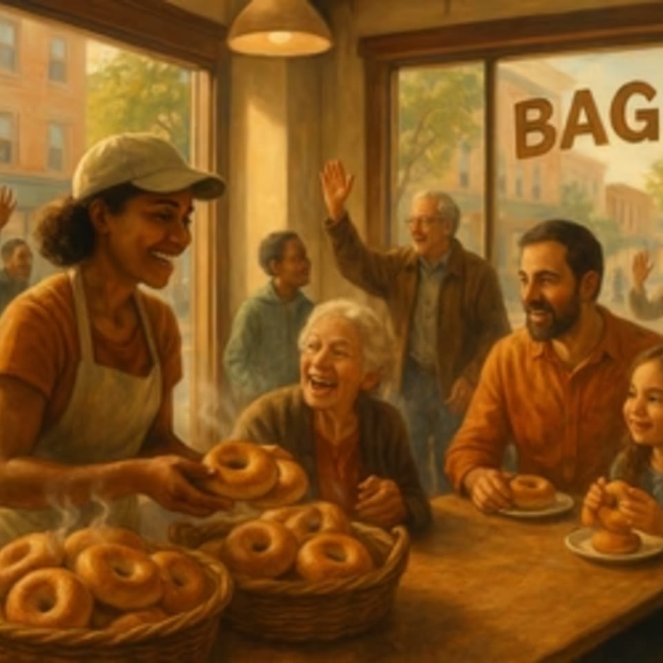 A smiling Go Bagels employee serves fresh bagels to happy customers in a bustling shop.